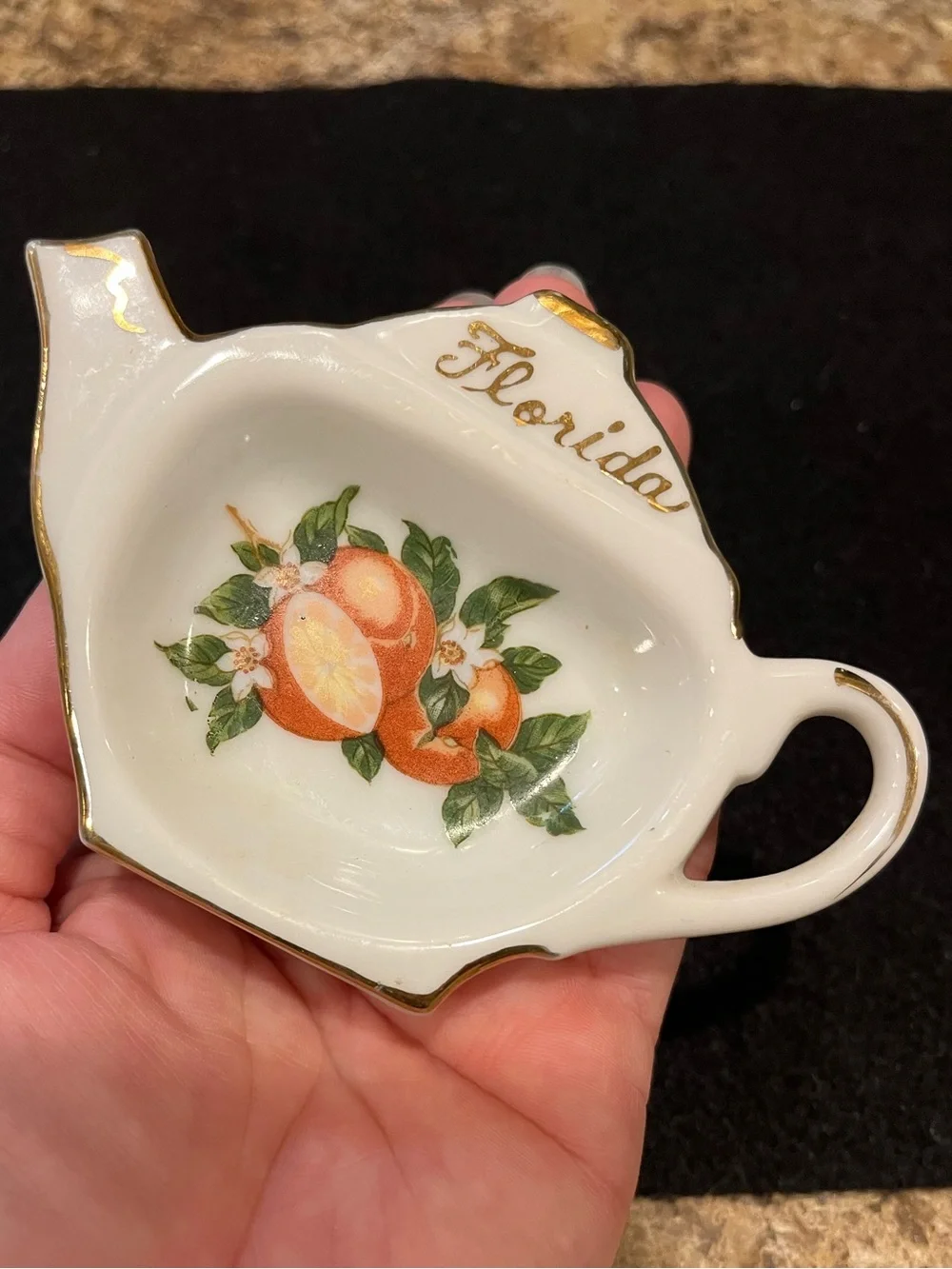 Vintage Florida Orange Tea Bag Holder Dish with Gold Trim